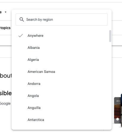 Selecting a region in the Ads Transparency Center